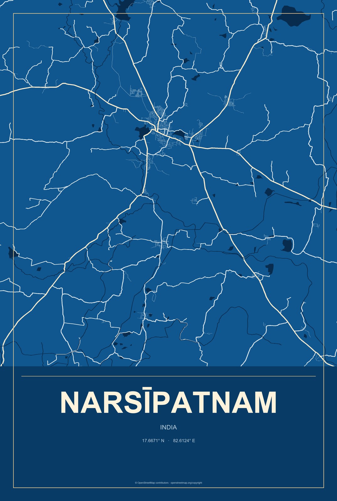 Narsīpatnam, India City Map Aluminum Sign in Harbor Cobalt style