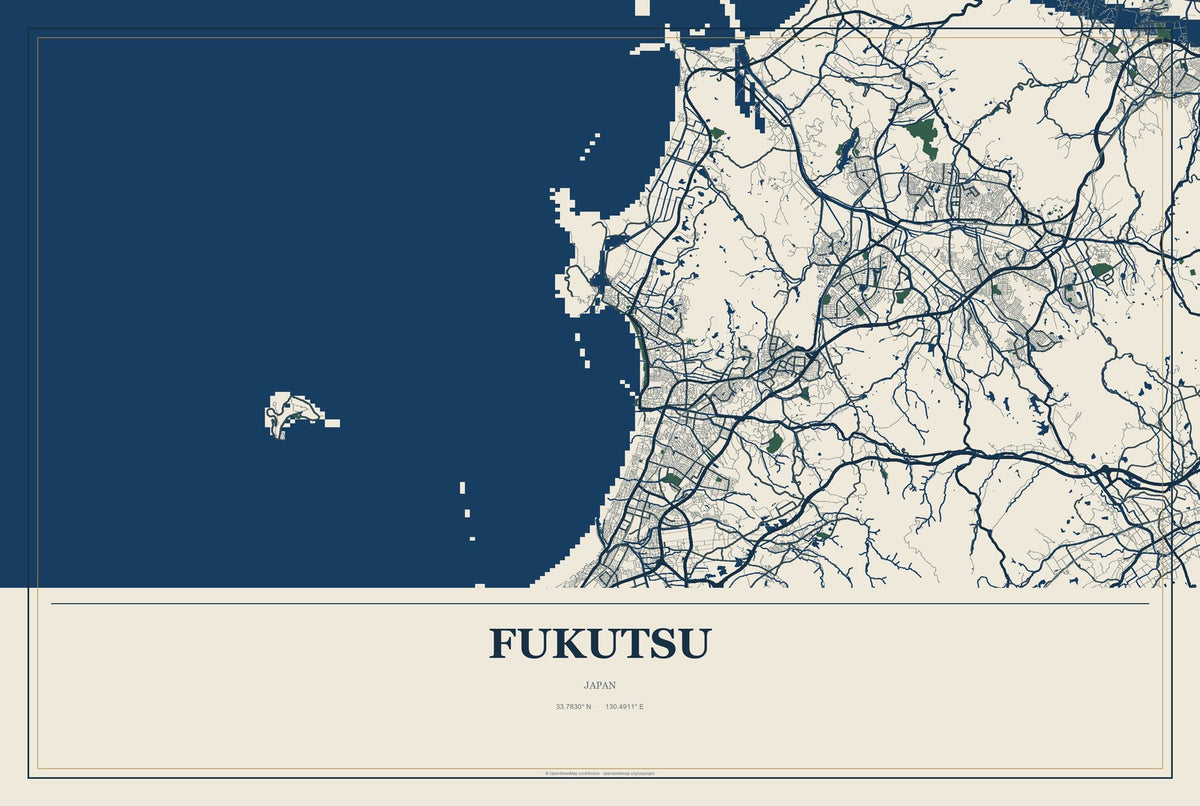 Fukutsu, Japan City Map Aluminum Sign in Coastal Cutout style