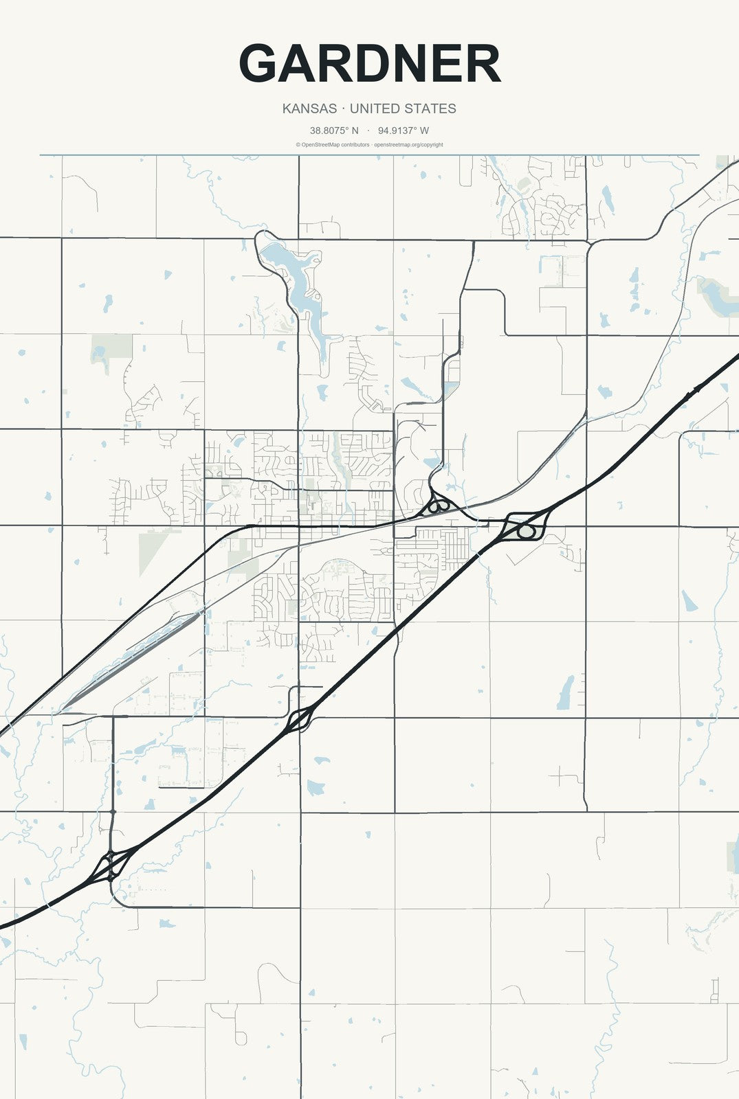Gardner, Kansas City Map Aluminum Sign in Headline Atlas style
