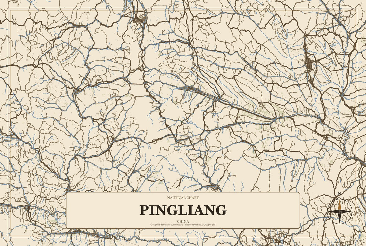Pingliang, China City Map Aluminum Sign in Heritage Nautical style
