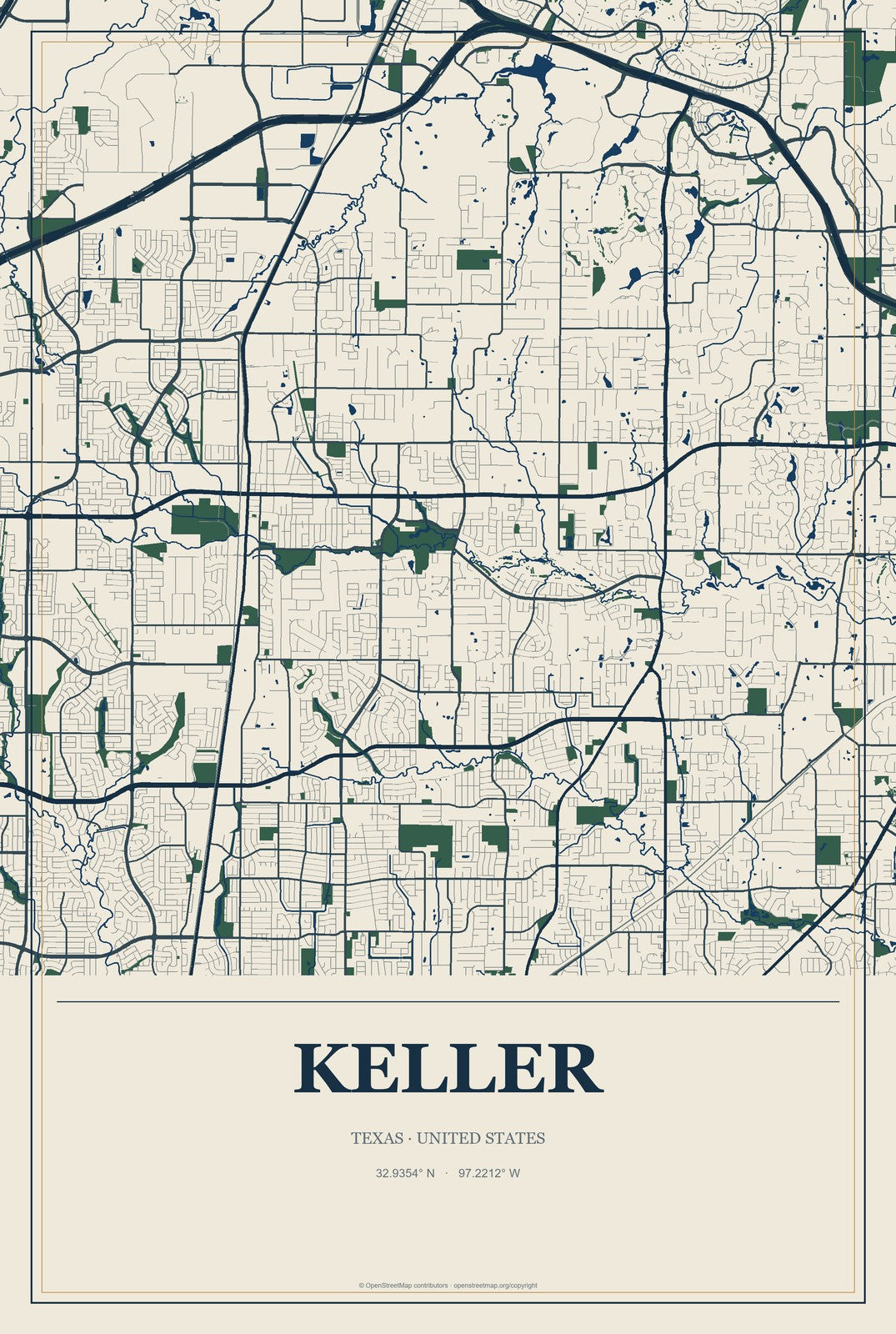 Keller, Texas City Map Aluminum Sign in Coastal Cutout style