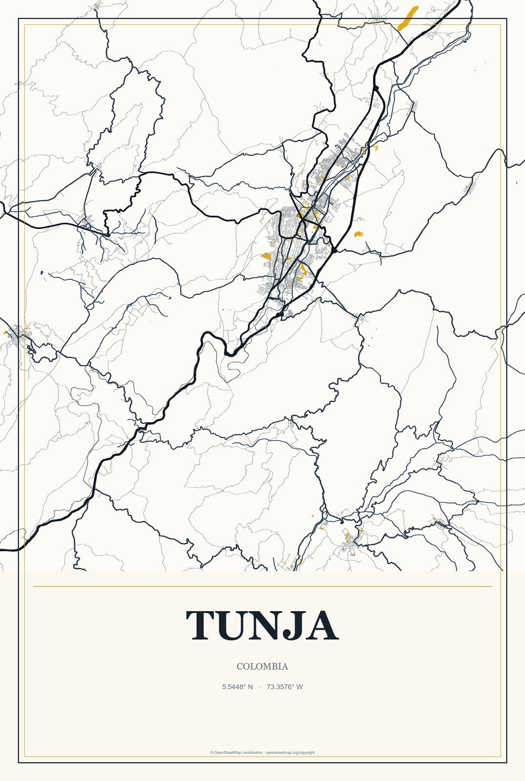 Tunja, Colombia City Map Aluminum Sign in Citrine Modern style