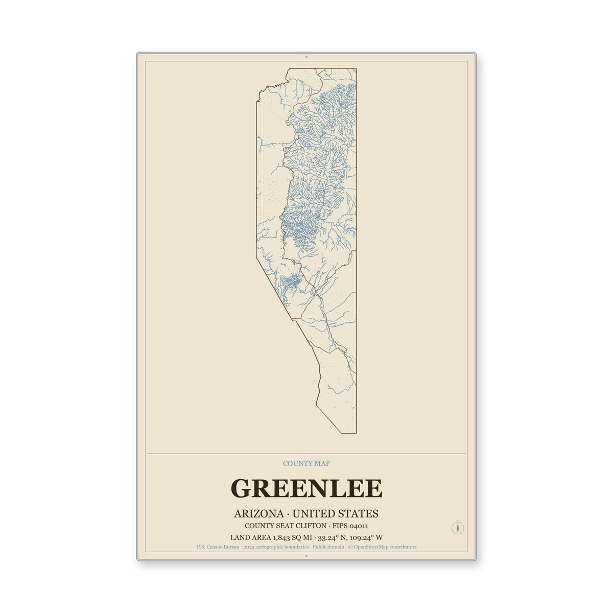 Greenlee County, Arizona Map Aluminum Sign in Heritage Nautical style