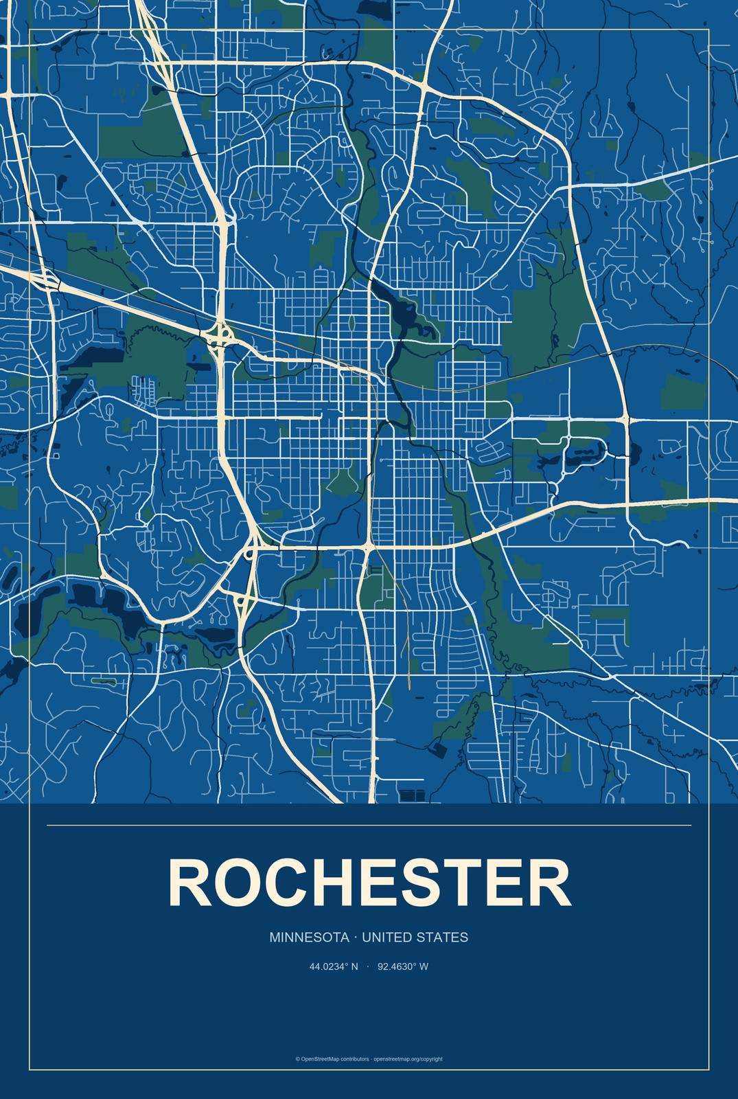 Rochester, Minnesota City Map Aluminum Sign in Harbor Cobalt style