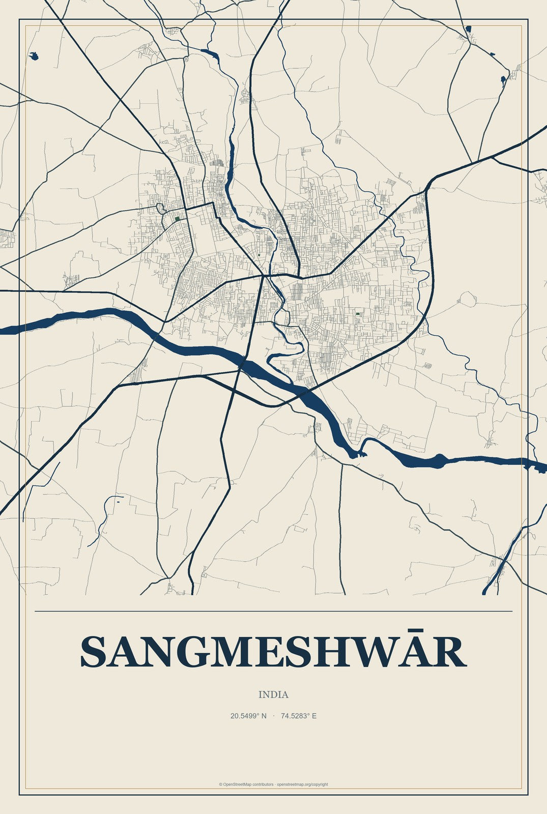 Sangmeshwār, India City Map Aluminum Sign in Coastal Cutout style