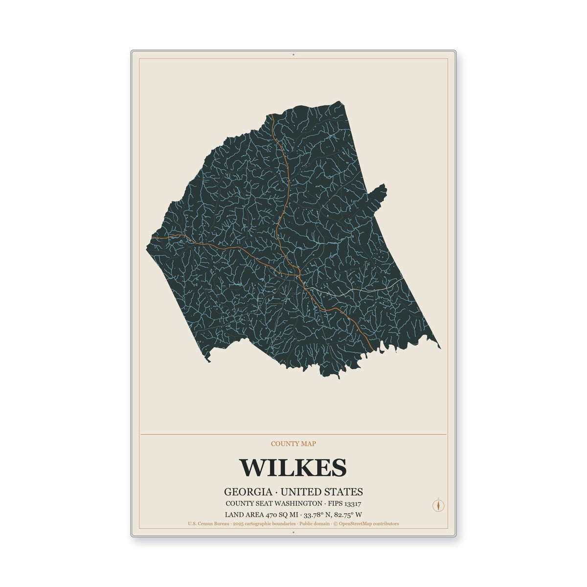 Wilkes County, Georgia Map Aluminum Sign in Headline Atlas style