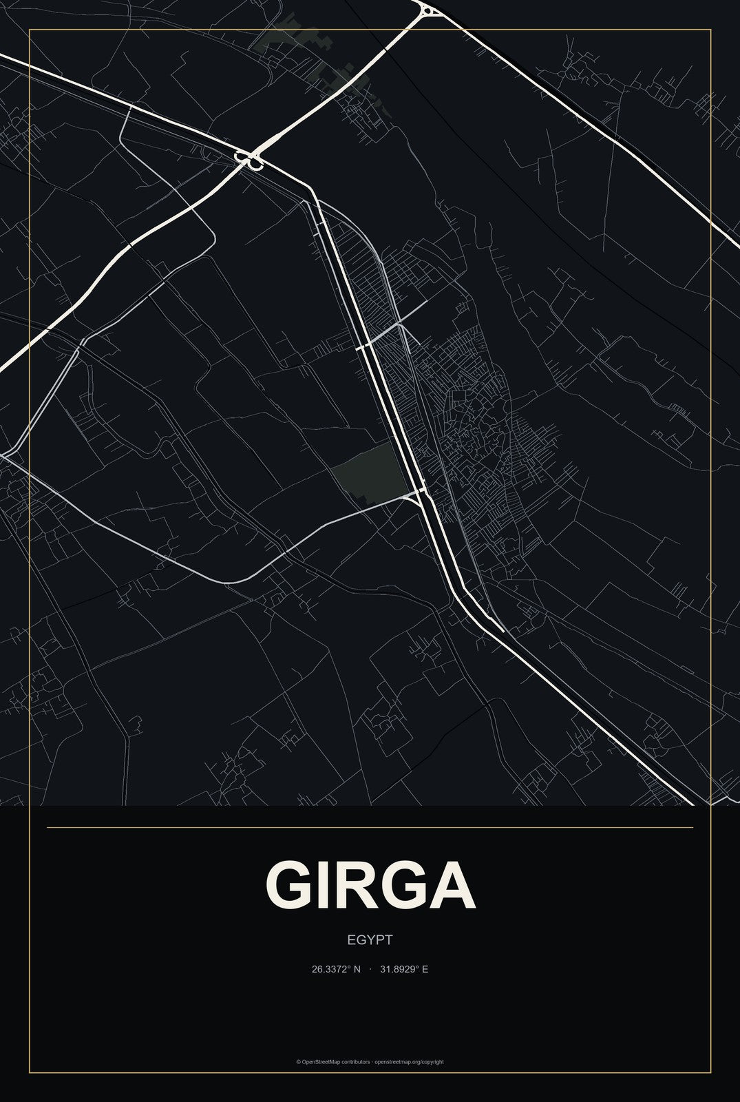 Girga, Egypt City Map Aluminum Sign in Metropolitan Noir style