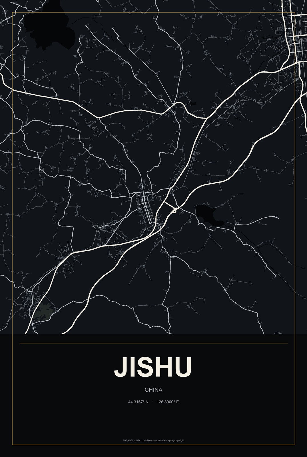 Jishu, China City Map Aluminum Sign in Metropolitan Noir style
