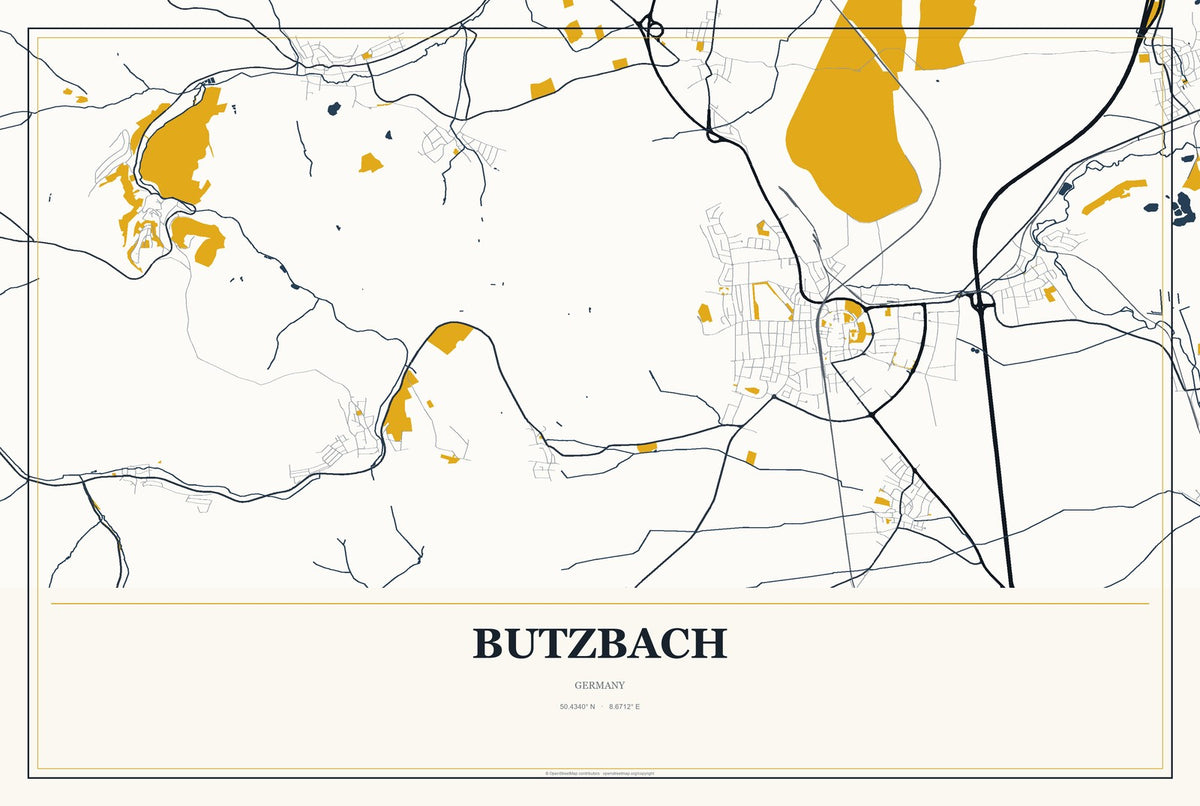 Butzbach, Germany City Map Aluminum Sign in Citrine Modern style