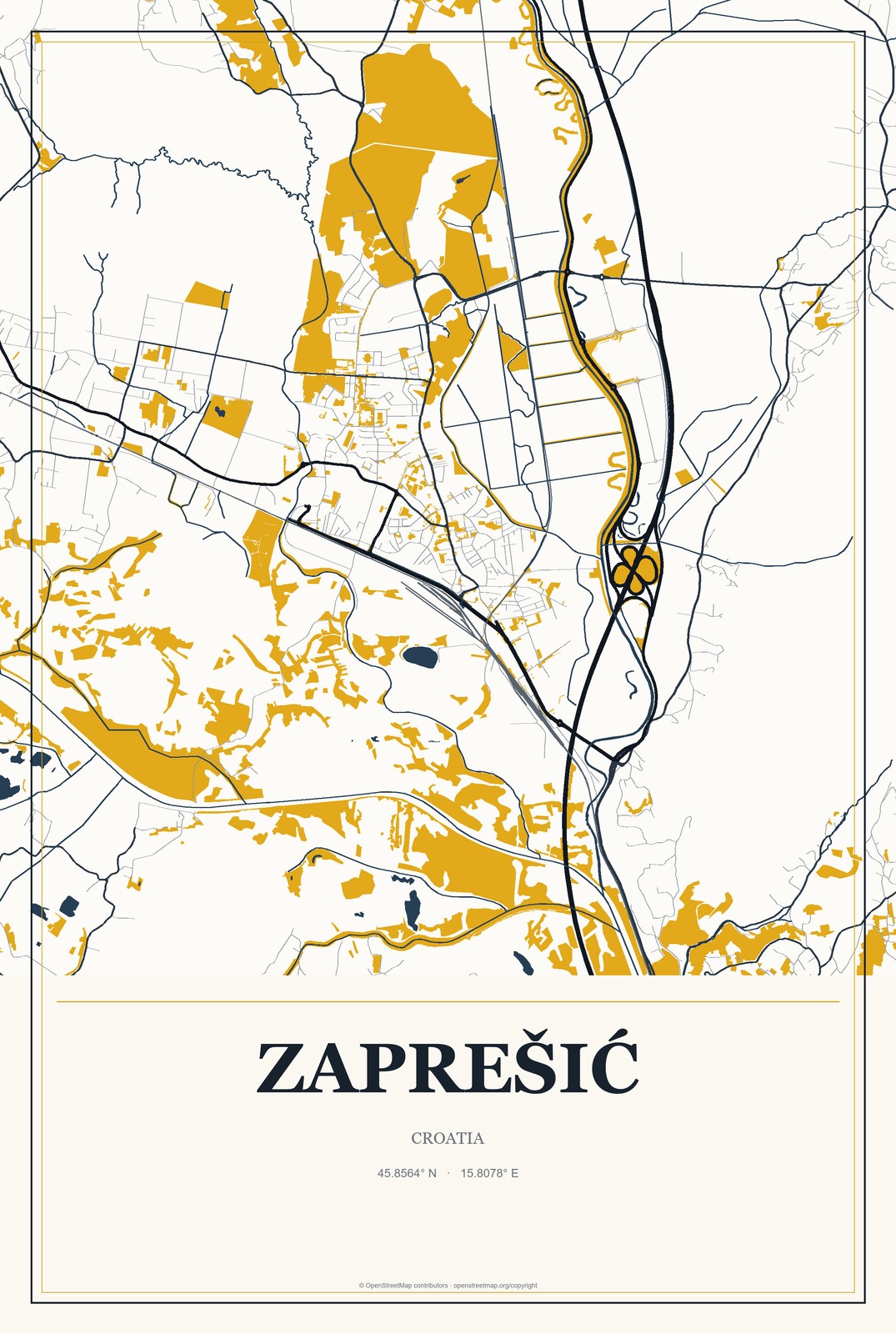 Zaprešić, Croatia City Map Aluminum Sign in Citrine Modern style