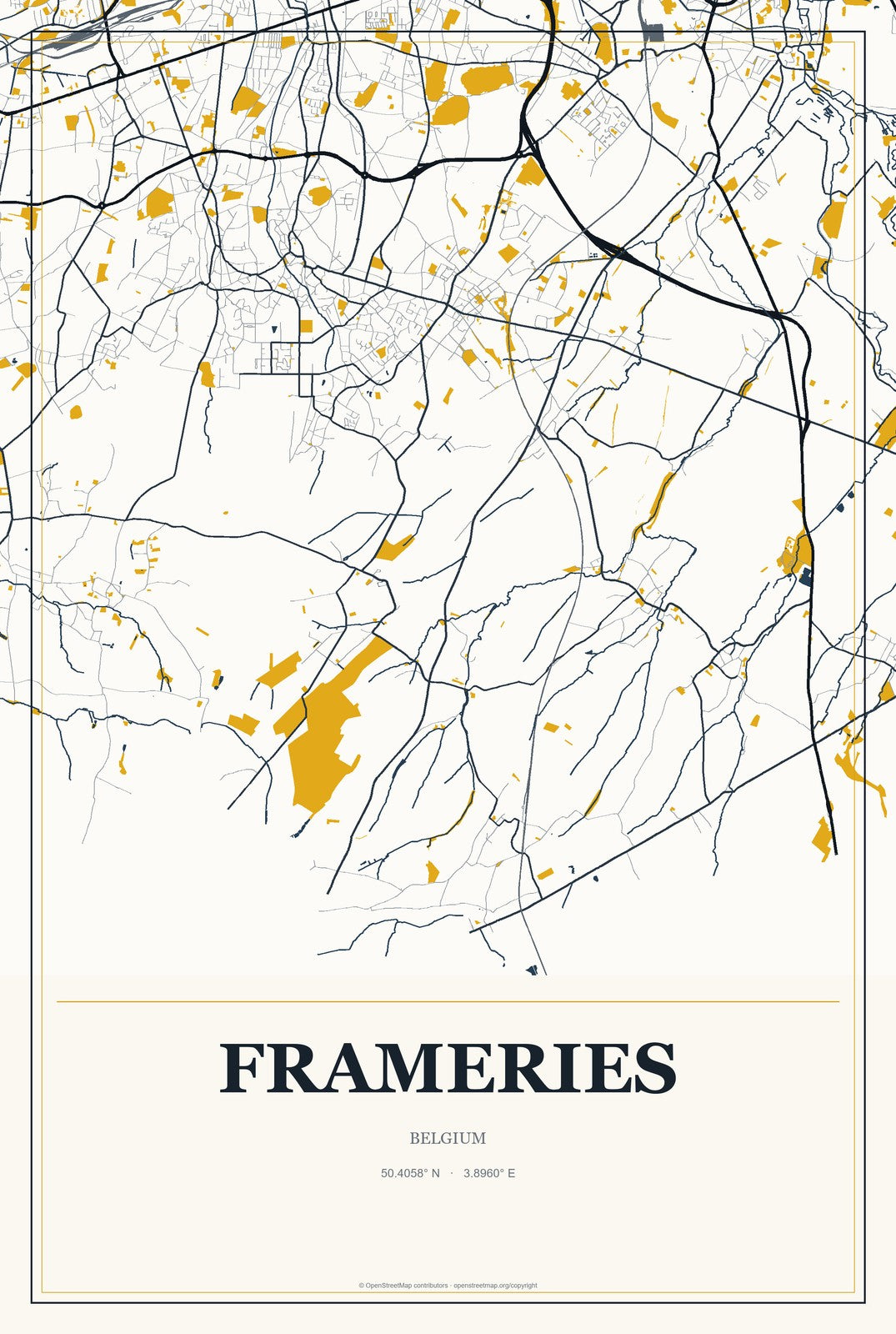 Frameries, Belgium City Map Aluminum Sign in Citrine Modern style