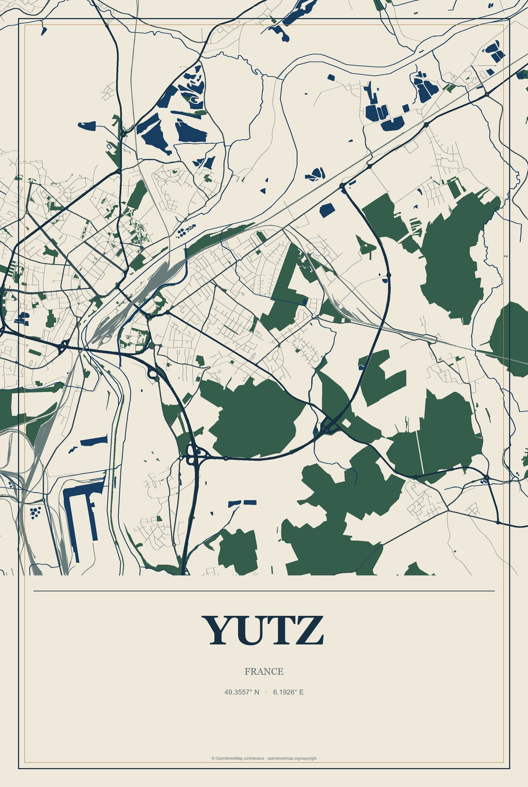 Yutz, France City Map Aluminum Sign in Coastal Cutout style