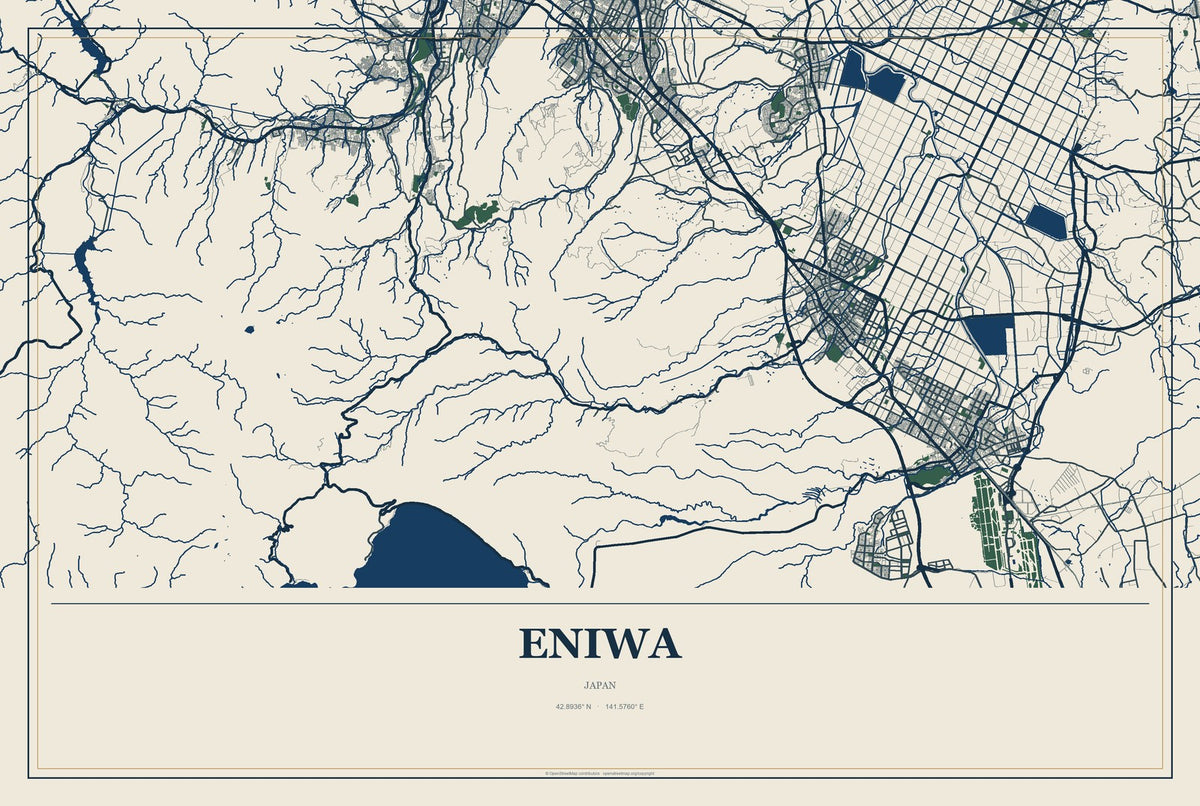 Eniwa, Japan City Map Aluminum Sign in Coastal Cutout style