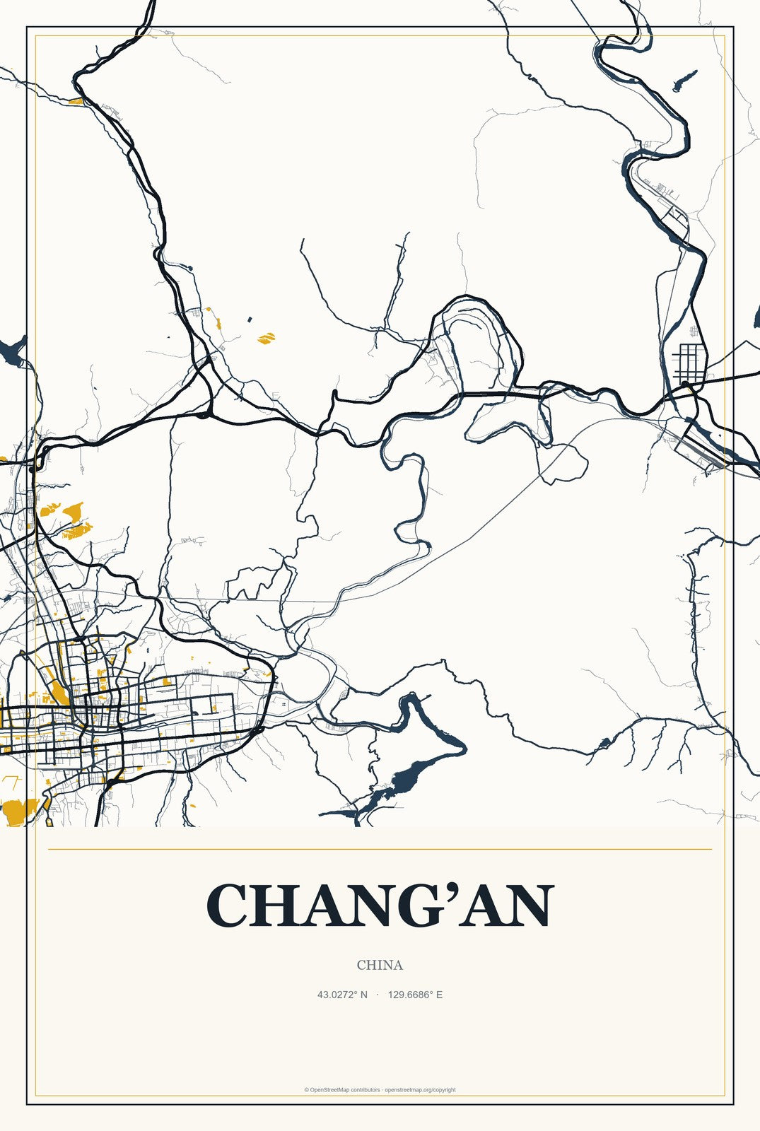Chang’an, Chongqing, China City Map Aluminum Sign in Citrine Modern style