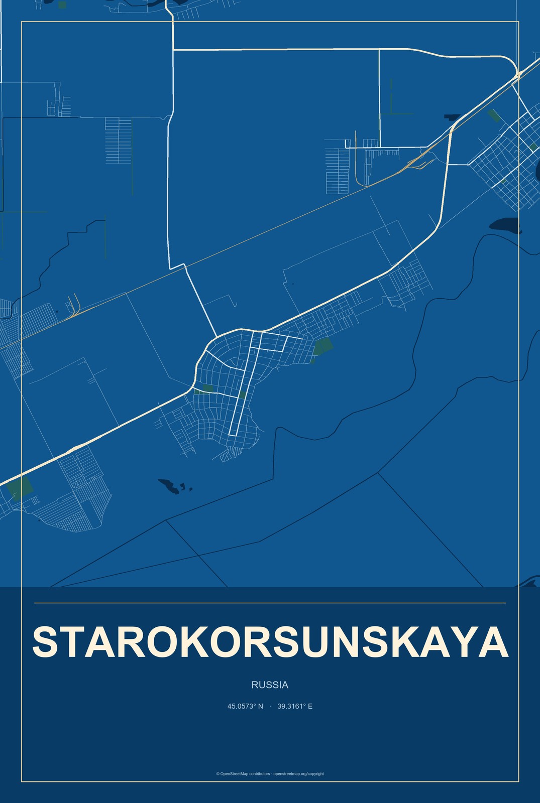 Starokorsunskaya, Russia City Map Aluminum Sign in Harbor Cobalt style