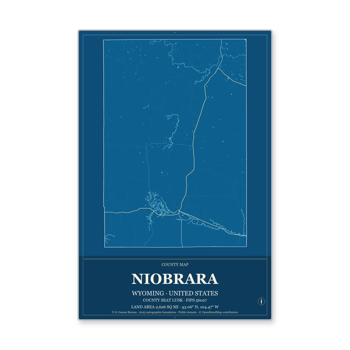Niobrara County, Wyoming Map Aluminum Sign in Harbor Cobalt style