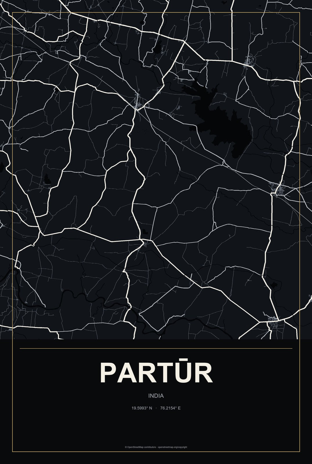 Partūr, India City Map Aluminum Sign in Metropolitan Noir style