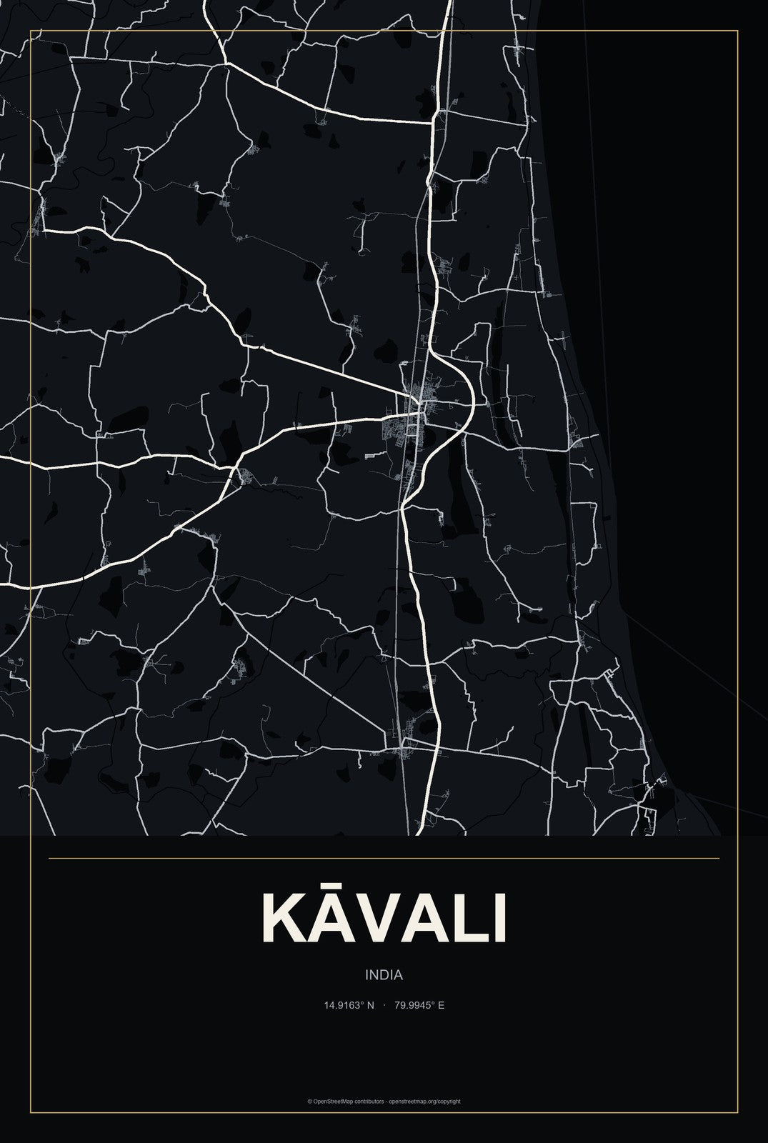 Kāvali, India City Map Aluminum Sign in Metropolitan Noir style