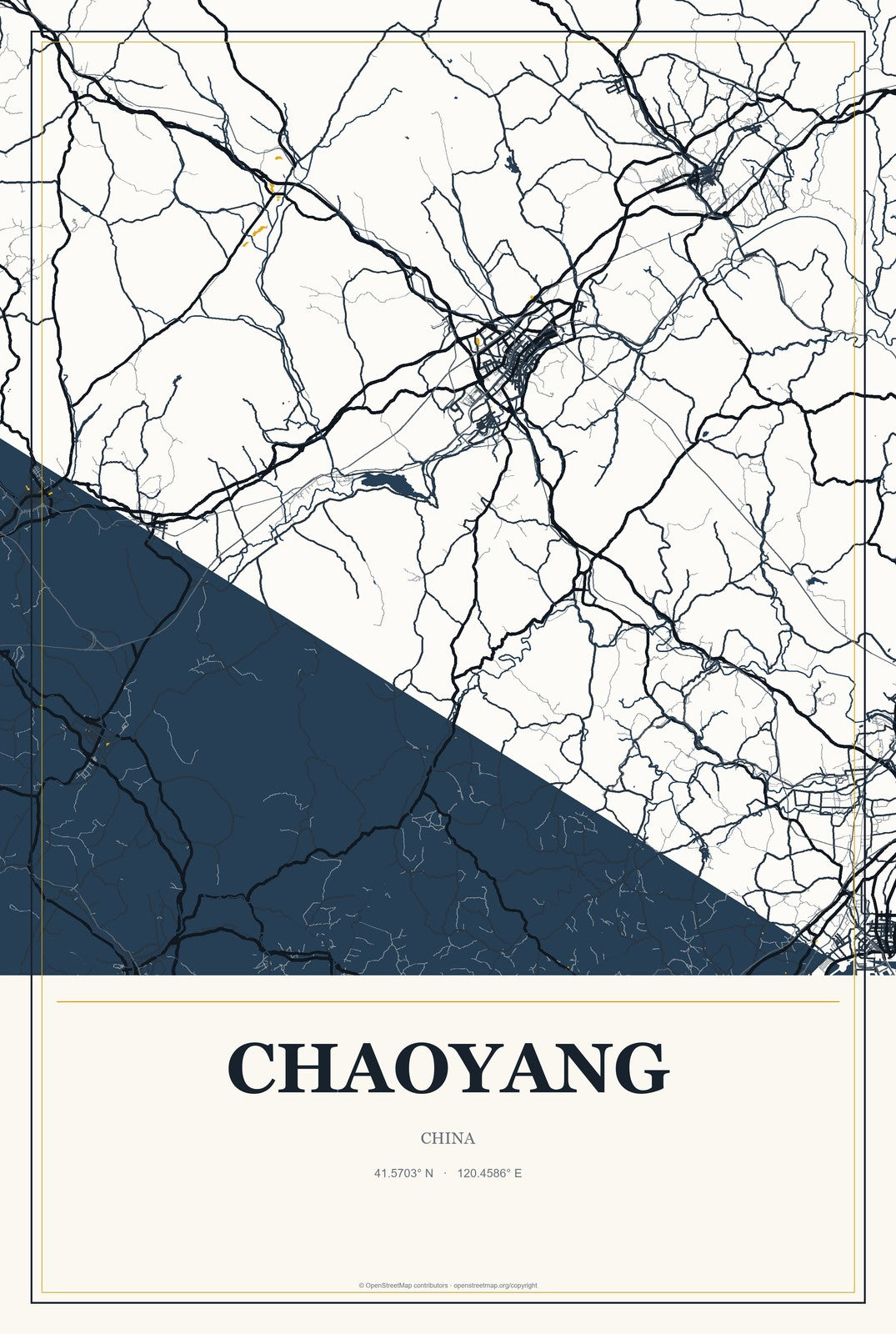 Chaoyang, Liaoning, China City Map Aluminum Sign in Citrine Modern style