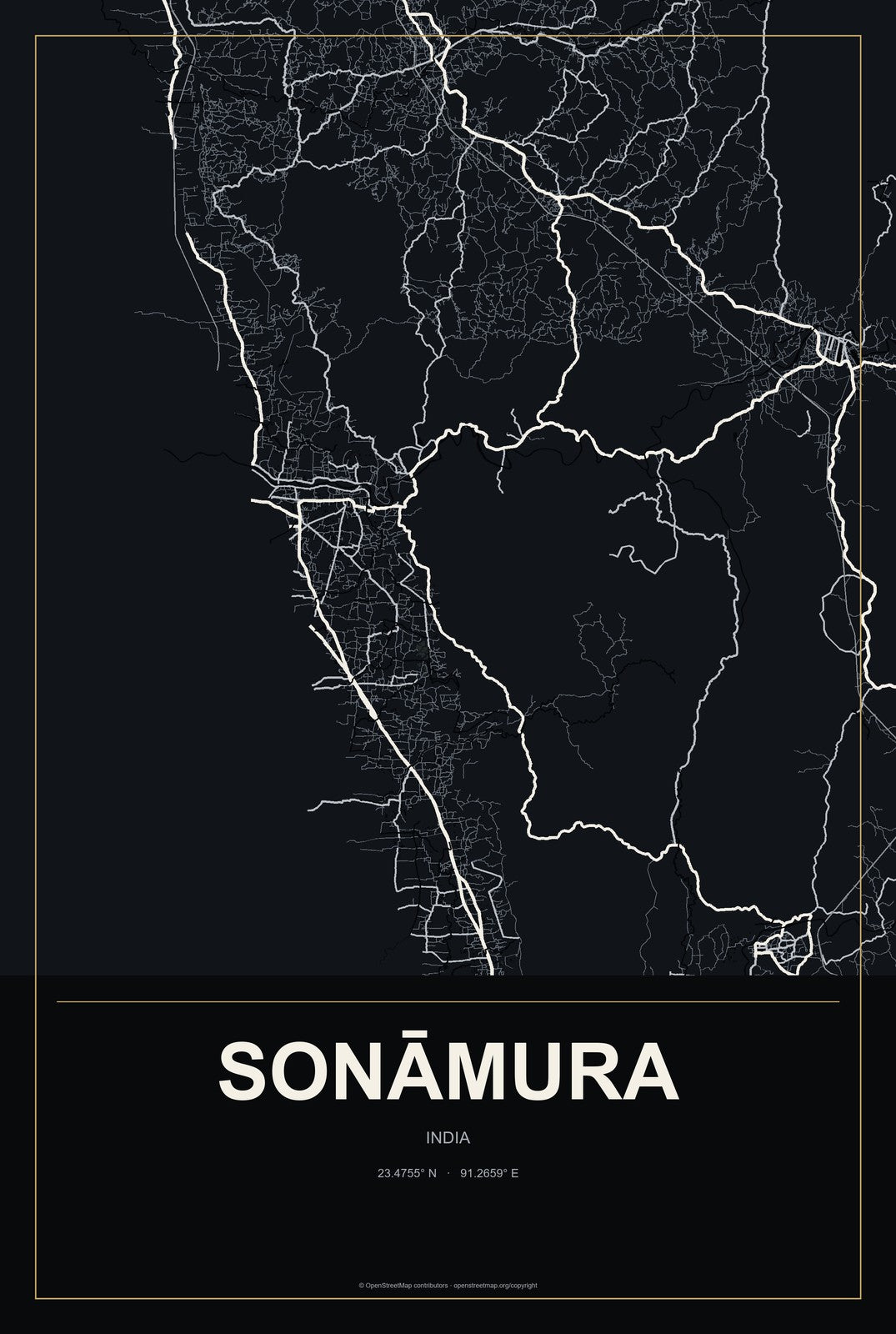 Sonāmura, India City Map Aluminum Sign in Metropolitan Noir style