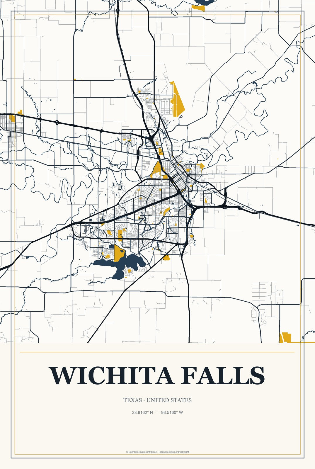 Wichita Falls, Texas City Map Aluminum Sign in Citrine Modern style