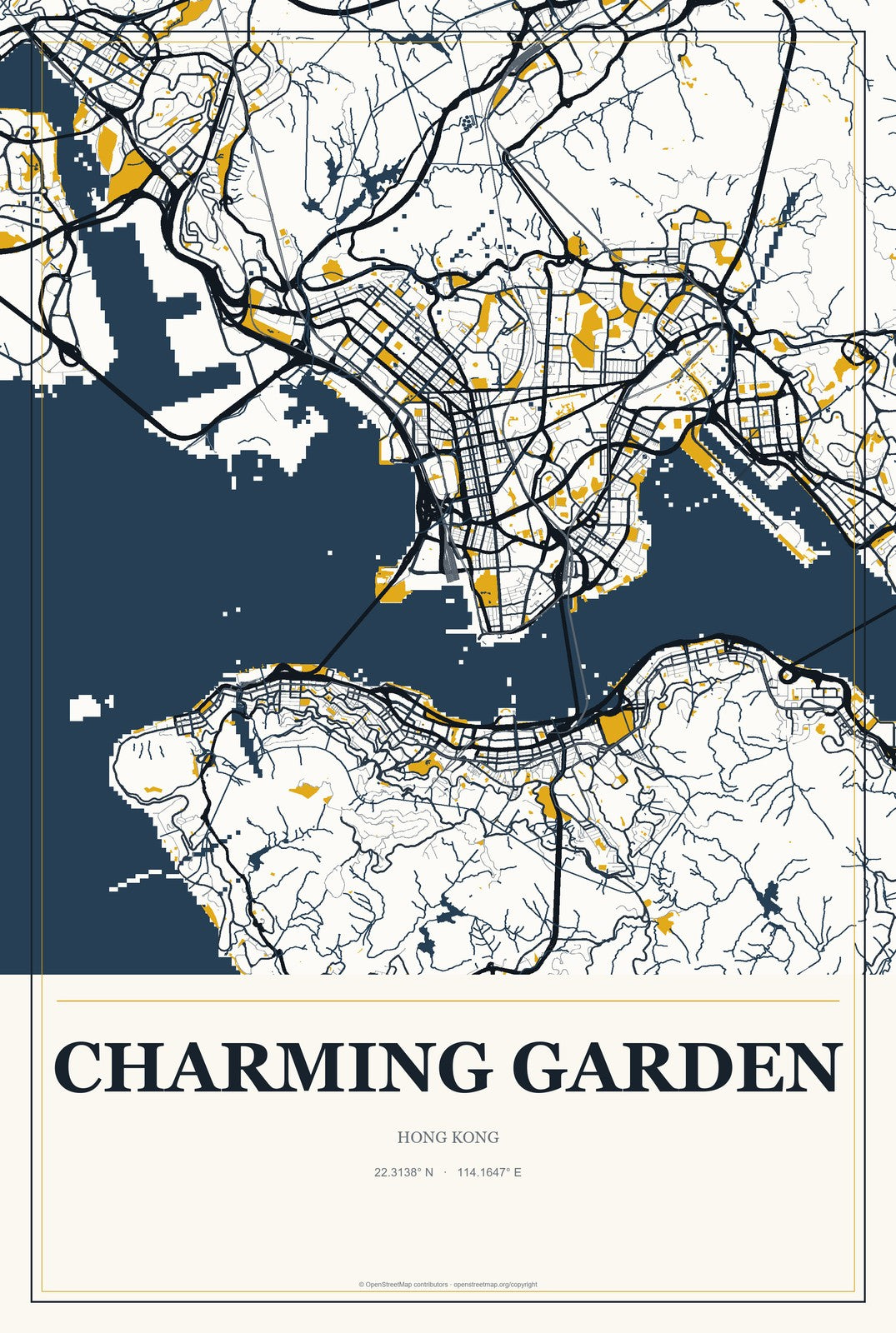 Charming Garden, Hong Kong City Map Aluminum Sign in Citrine Modern style