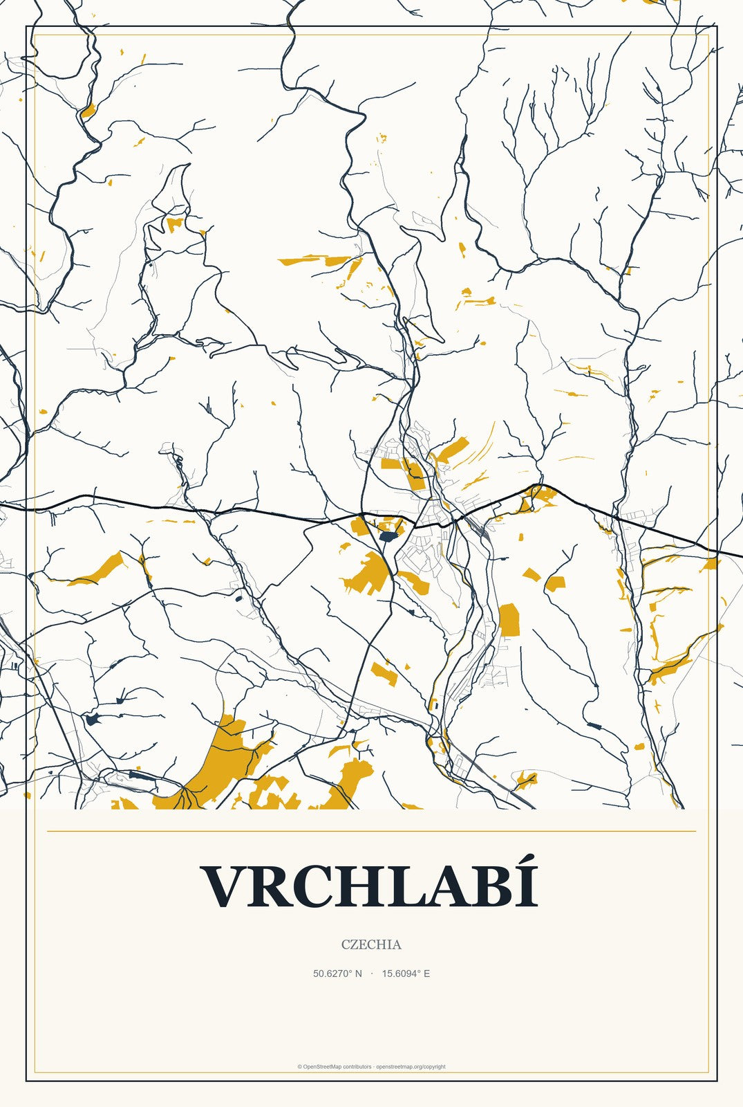 Vrchlabí, Czechia City Map Aluminum Sign in Citrine Modern style