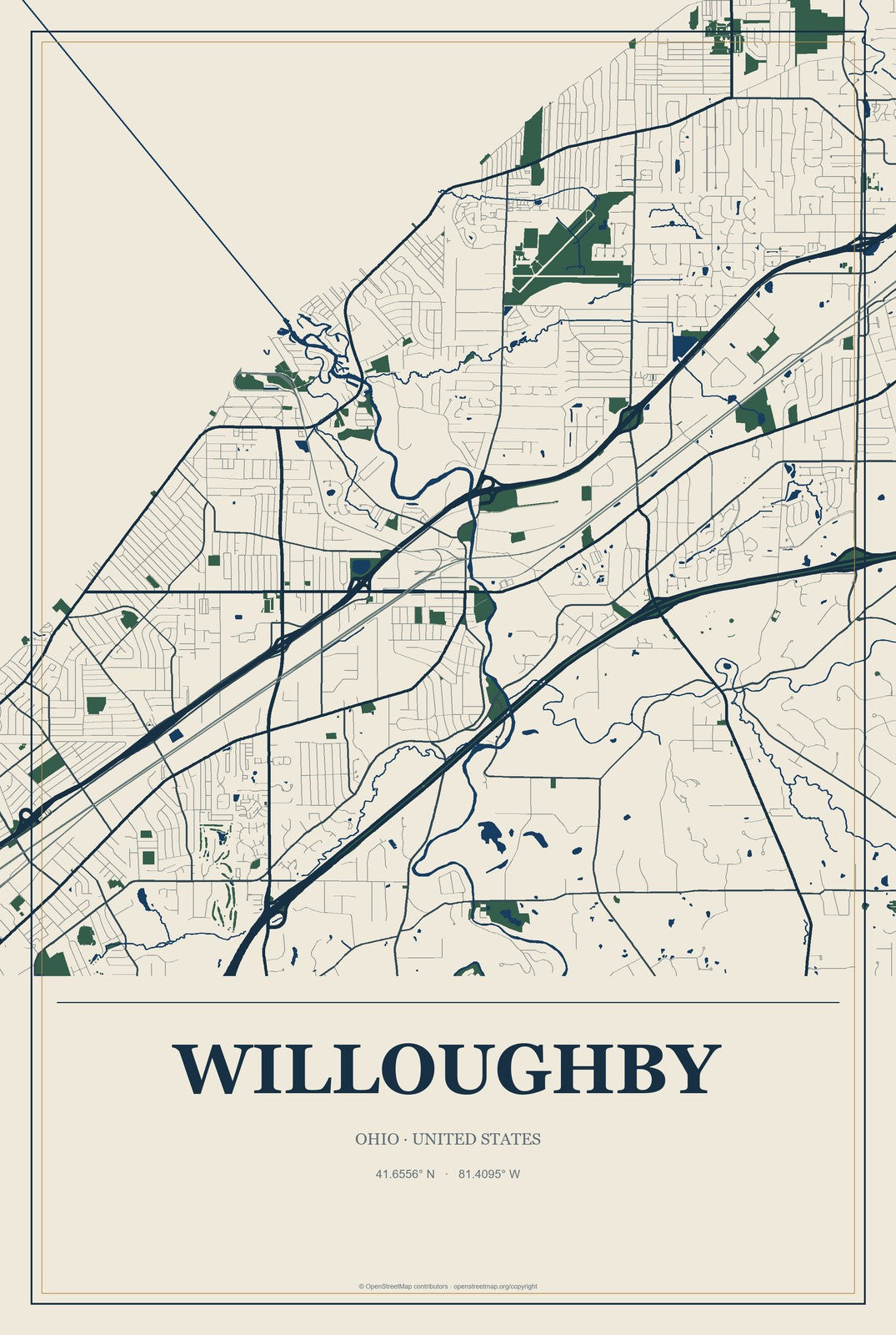Willoughby, Ohio City Map Aluminum Sign in Coastal Cutout style