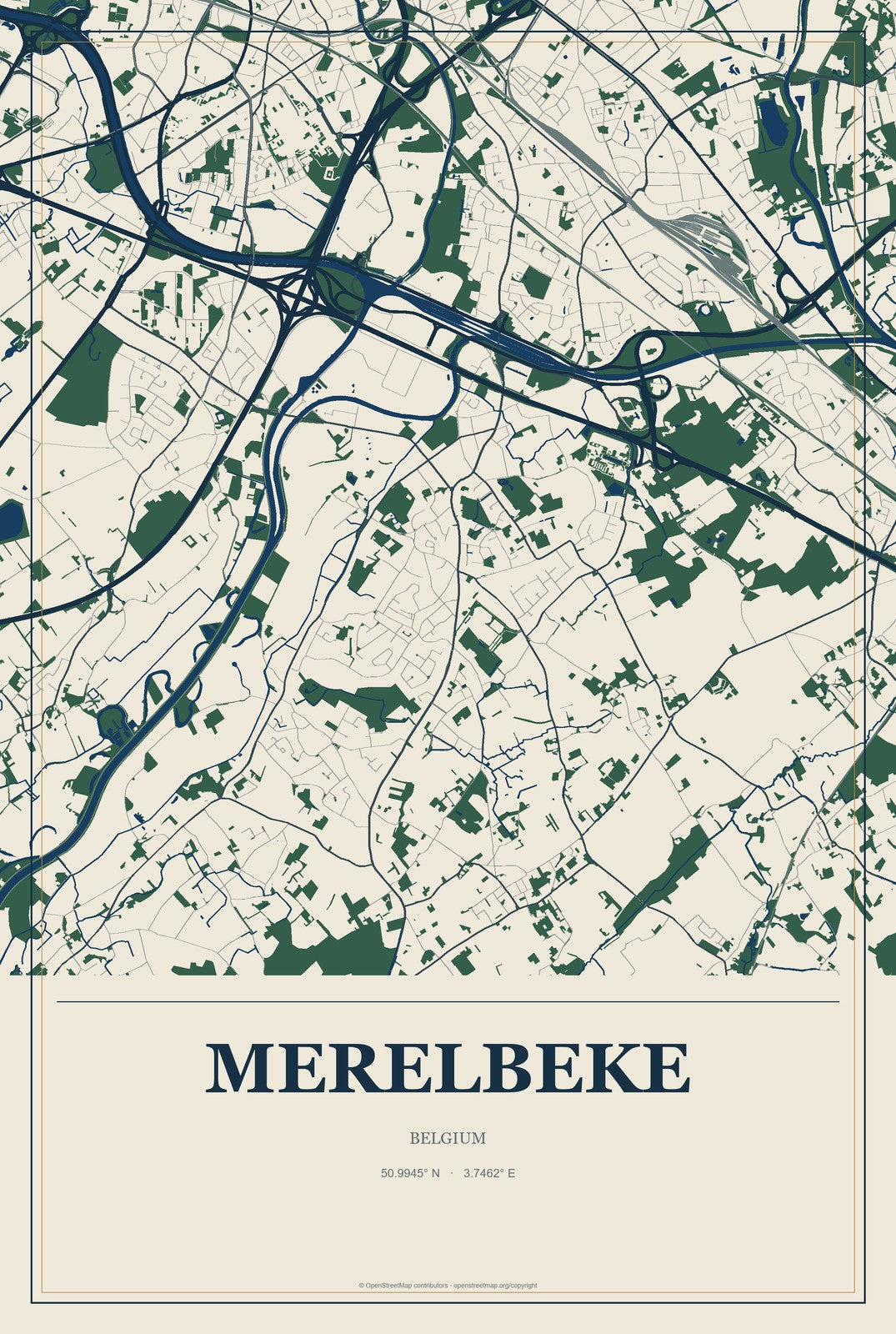 Merelbeke, Belgium City Map Aluminum Sign in Coastal Cutout style