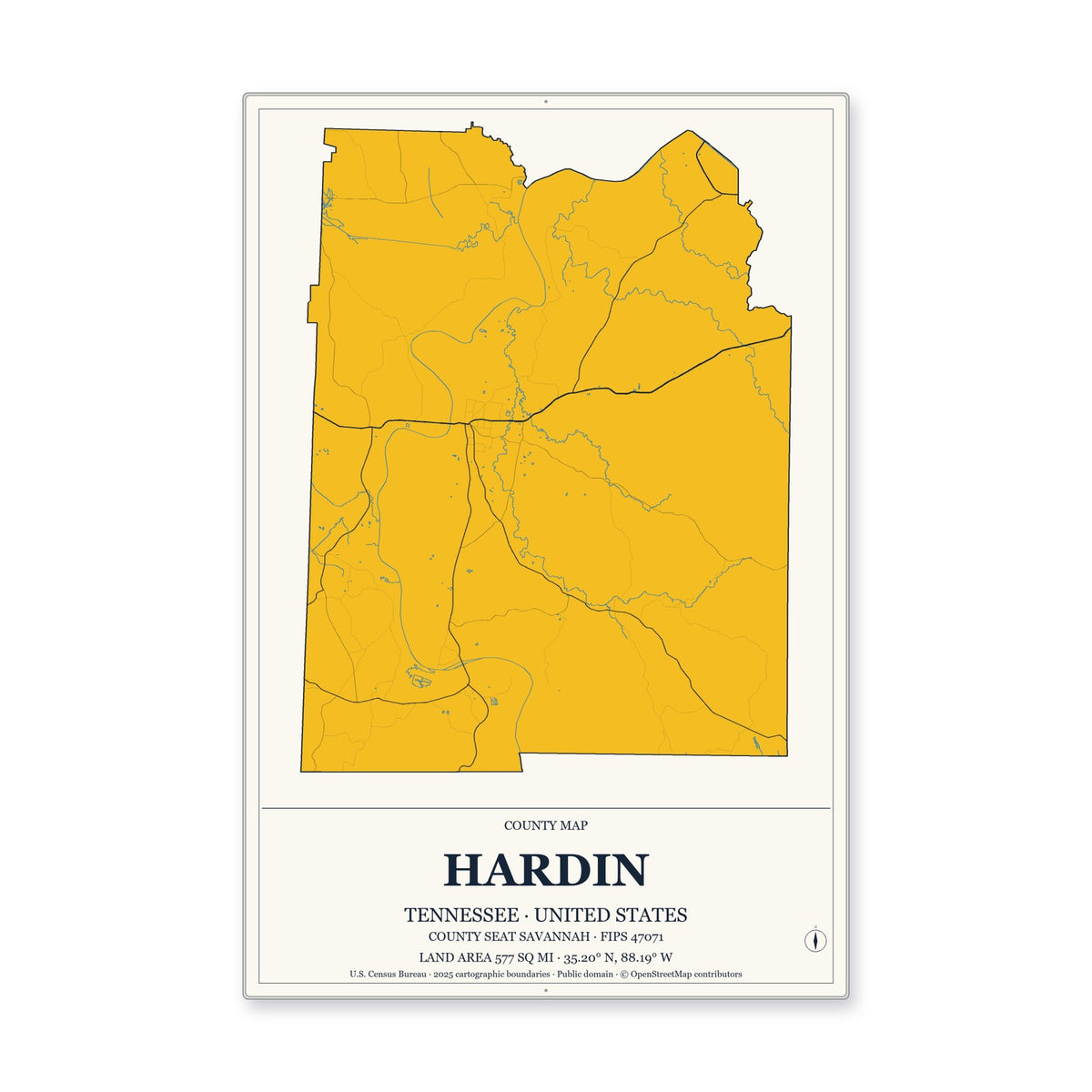 Hardin County, Tennessee Map Aluminum Sign in Citrine Modern style