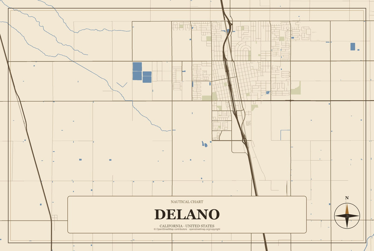Delano, California City Map Aluminum Sign in Heritage Nautical style