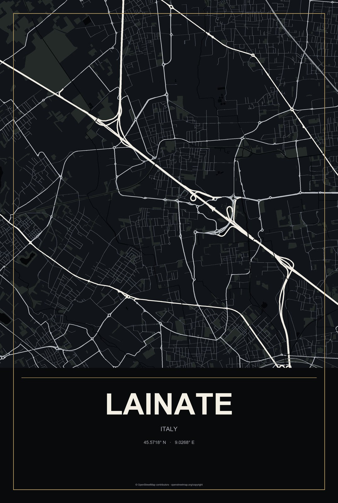 Lainate, Italy City Map Aluminum Sign in Metropolitan Noir style
