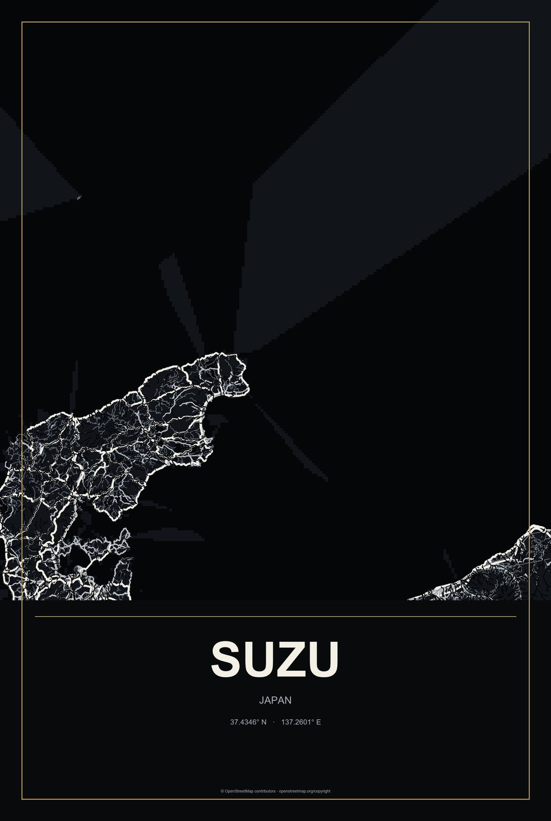 Suzu, Japan City Map Aluminum Sign in Metropolitan Noir style