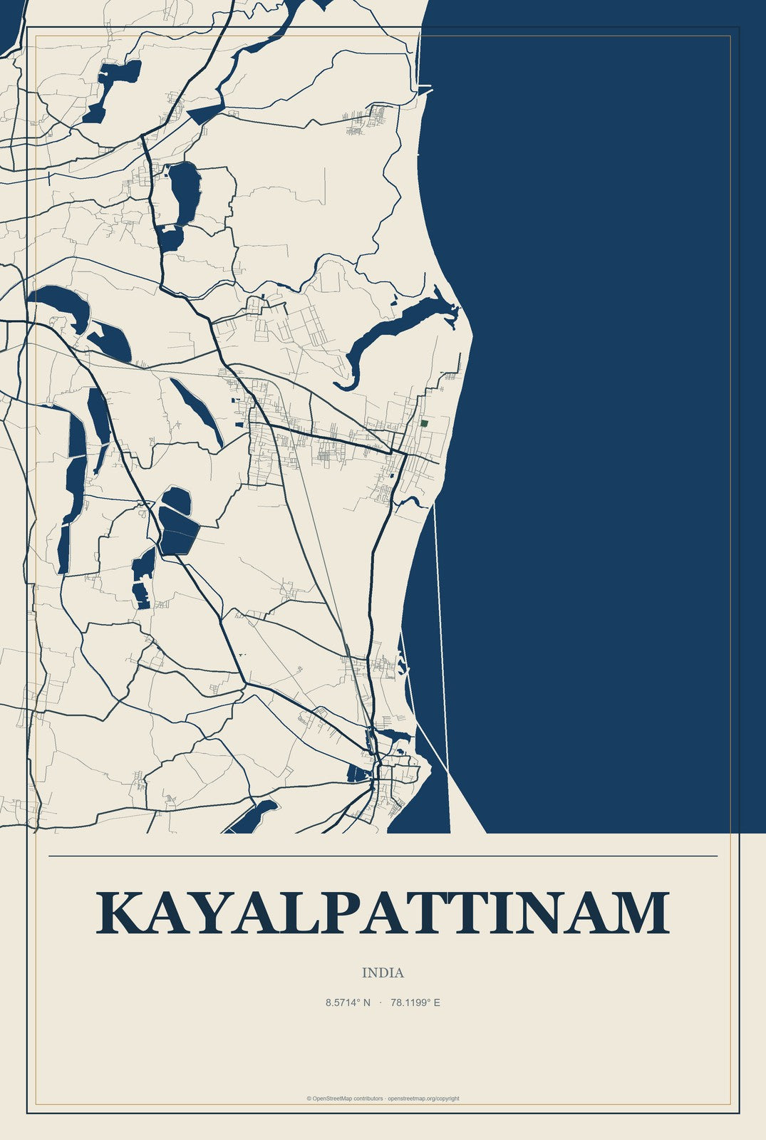 Kayalpattinam, India City Map Aluminum Sign in Coastal Cutout style