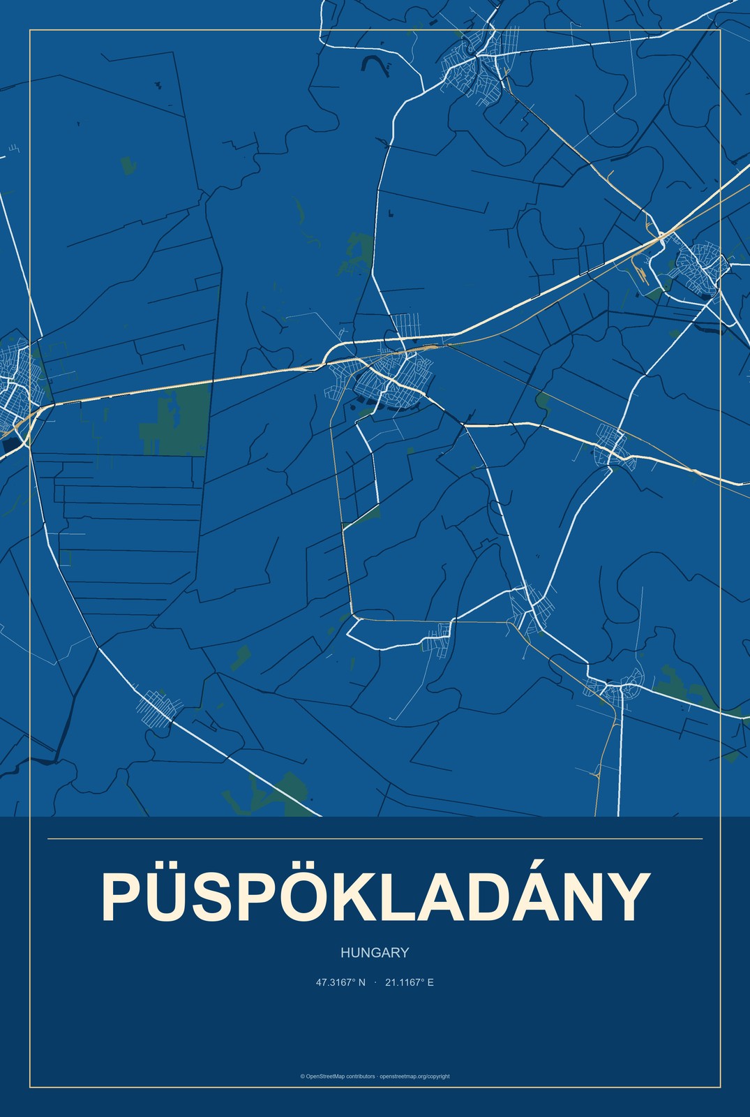 Püspökladány, Hungary City Map Aluminum Sign in Harbor Cobalt style
