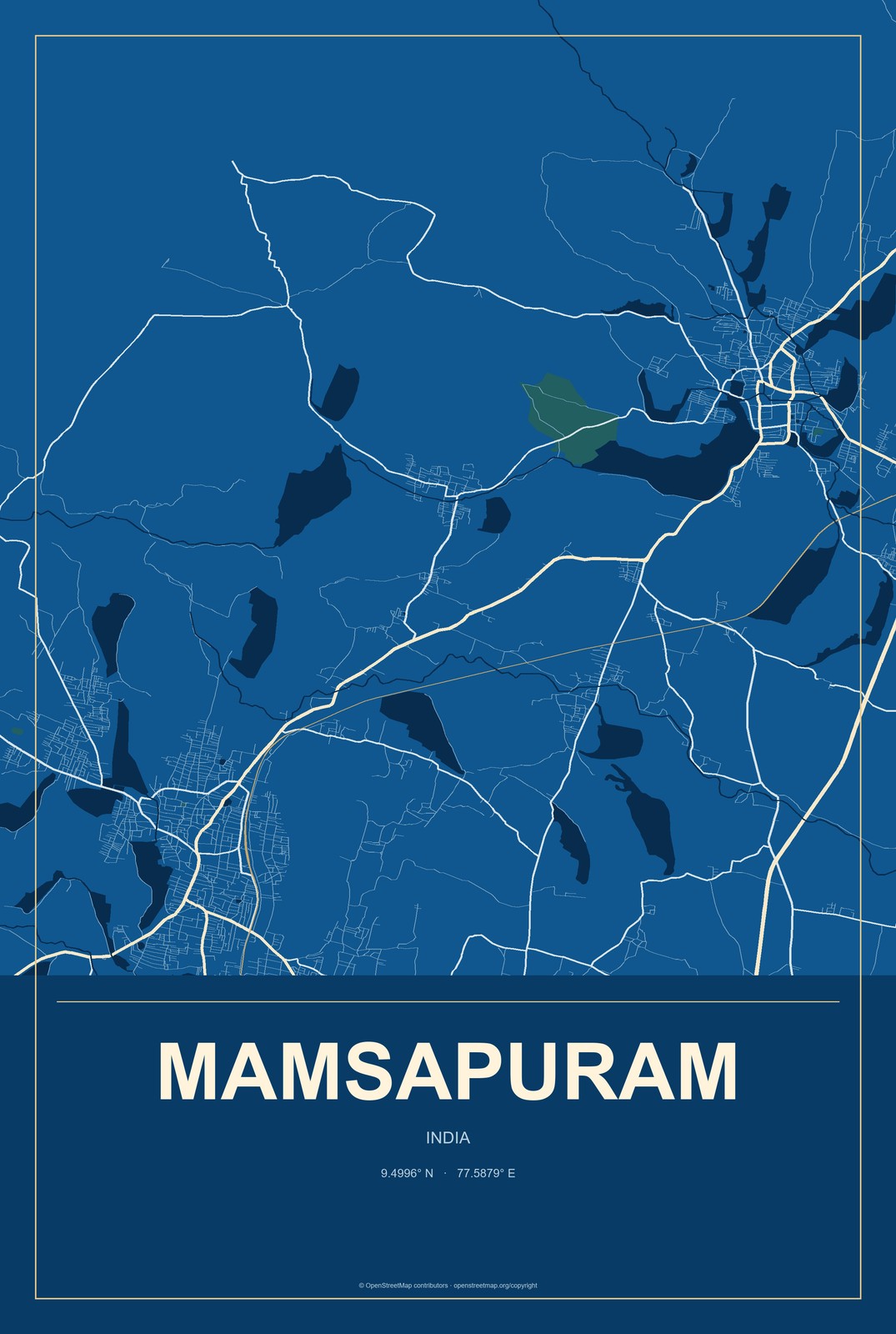 Mamsapuram, India City Map Aluminum Sign in Harbor Cobalt style