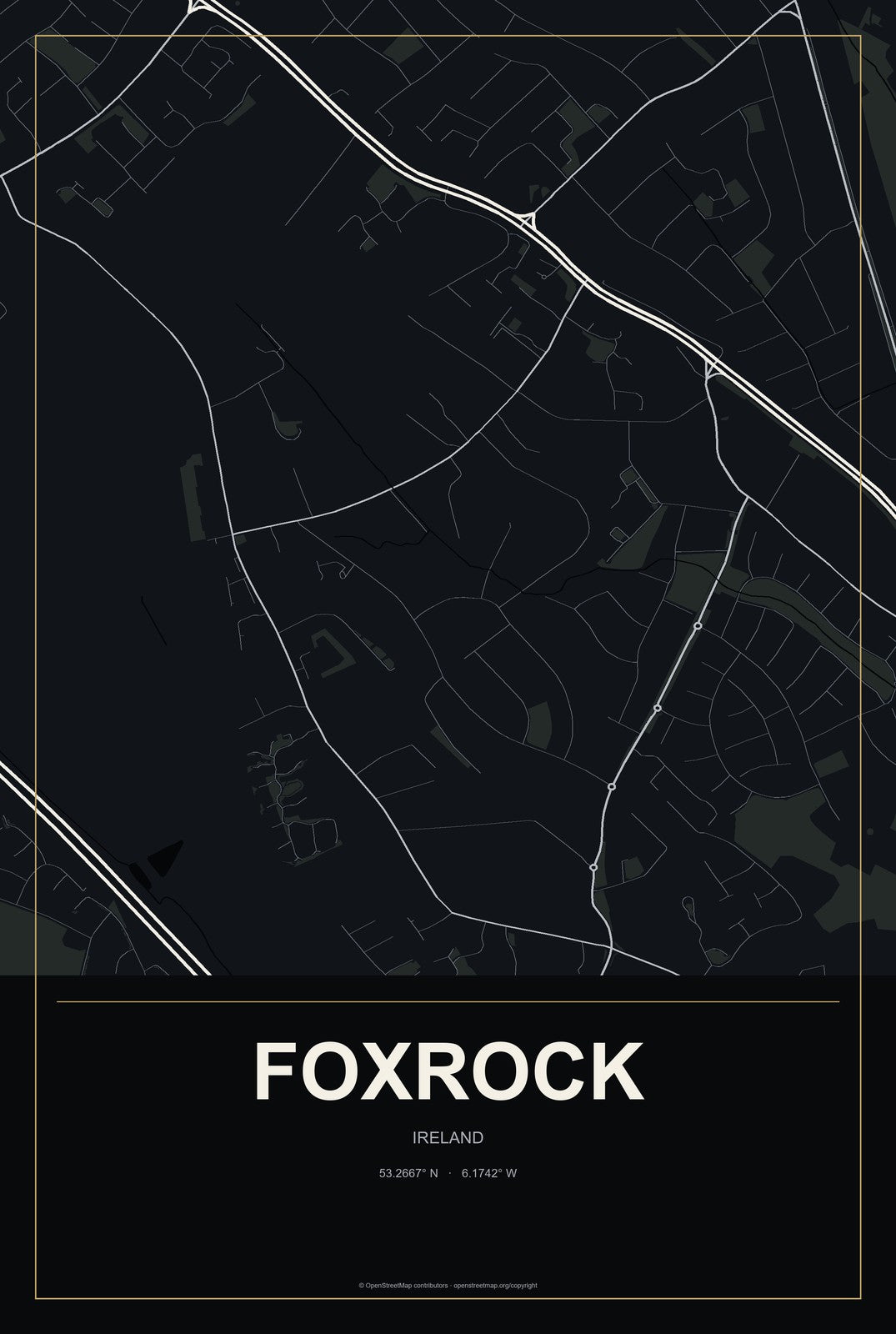Foxrock, Ireland City Map Aluminum Sign in Metropolitan Noir style
