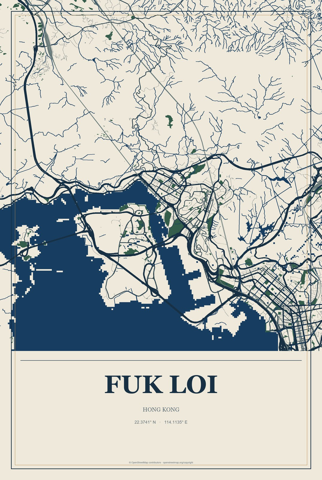 Fuk Loi, Hong Kong City Map Aluminum Sign in Coastal Cutout style