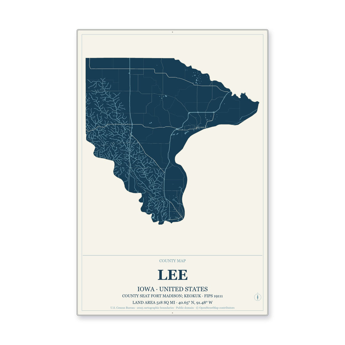 Lee County, Iowa Map Aluminum Sign in Coastal Cutout style