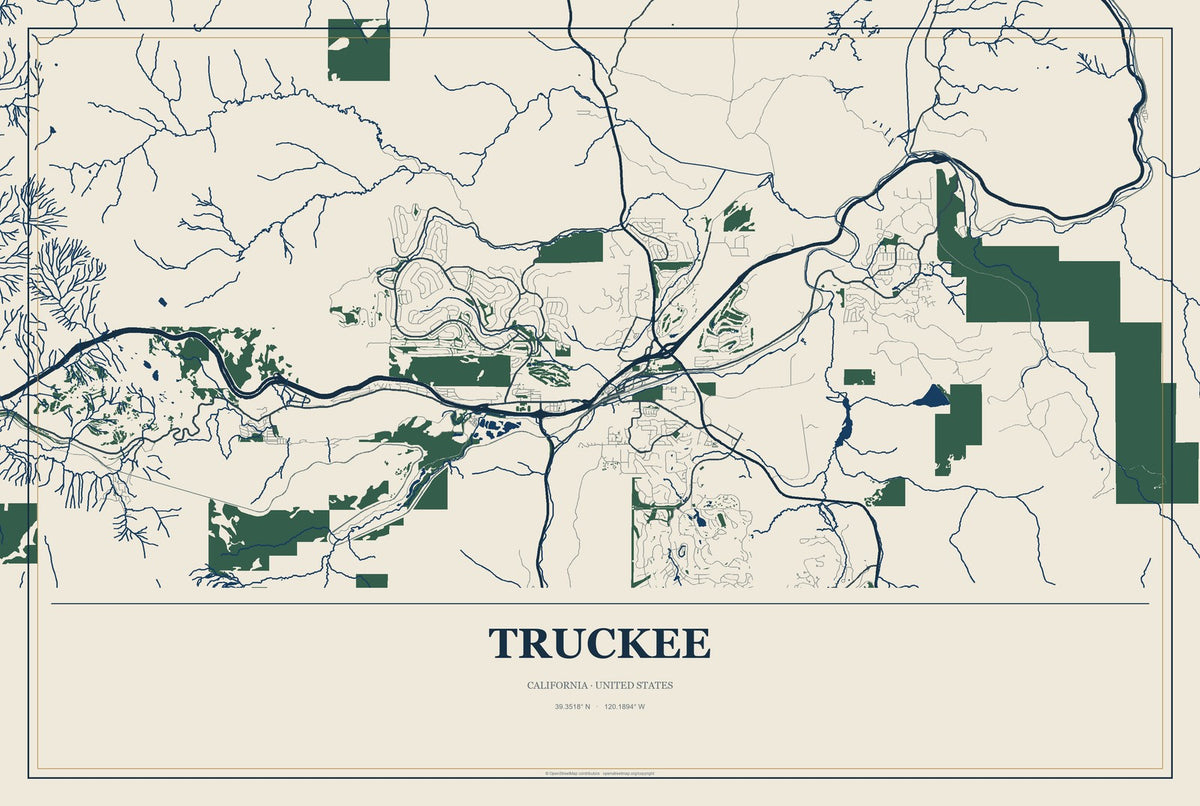 Truckee, California City Map Aluminum Sign in Coastal Cutout style