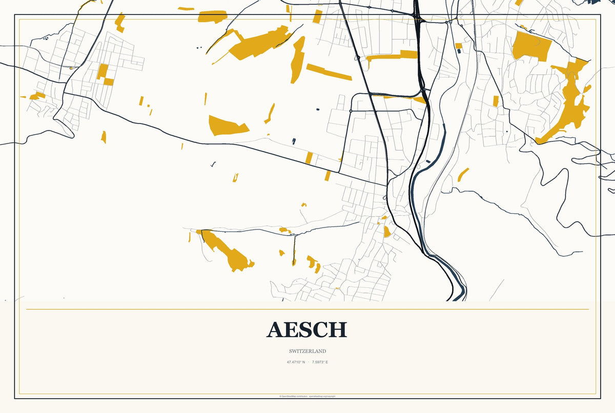 Aesch, Switzerland City Map Aluminum Sign in Citrine Modern style