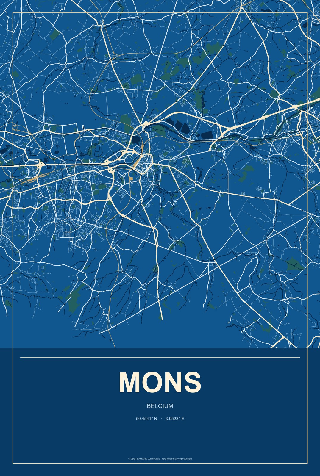 Mons, Belgium City Map Aluminum Sign in Harbor Cobalt style