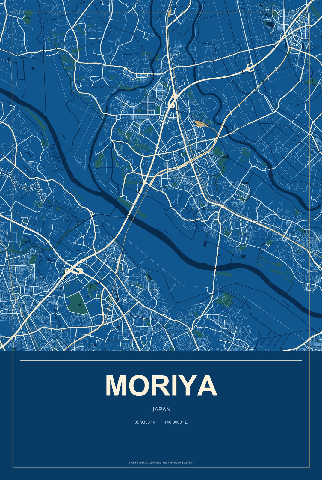 Moriya, Japan City Map Aluminum Sign in Harbor Cobalt style