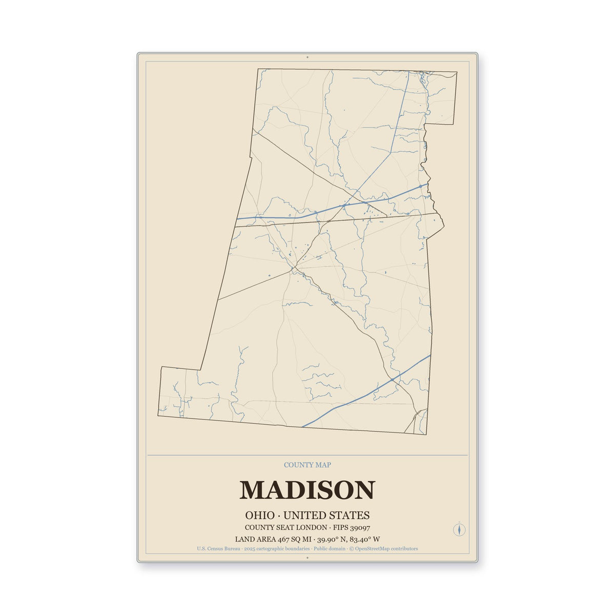 Madison County, Ohio Map Aluminum Sign in Heritage Nautical style