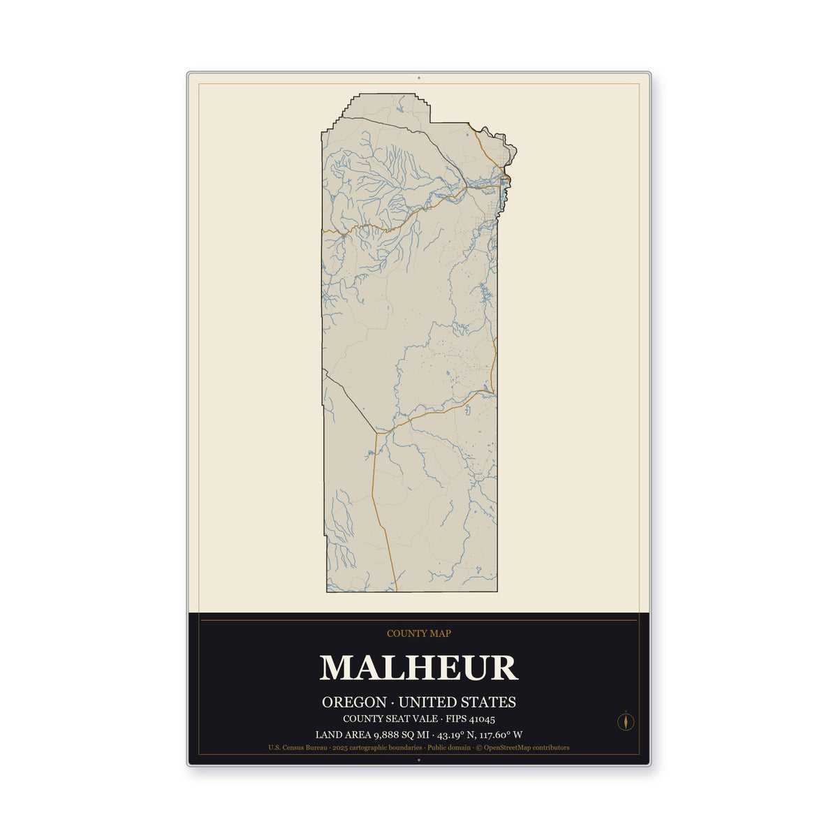 Malheur County, Oregon Map Aluminum Sign in Museum Plaque style
