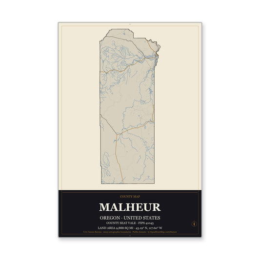 Malheur County, Oregon Map Aluminum Sign in Museum Plaque style