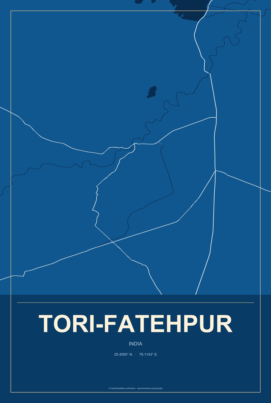 Tori-Fatehpur, India City Map Aluminum Sign in Harbor Cobalt style