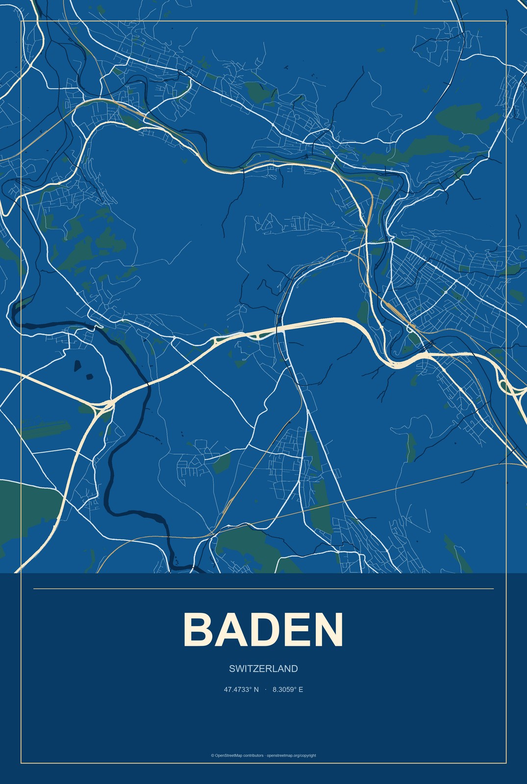 Baden, Switzerland City Map Aluminum Sign in Harbor Cobalt style