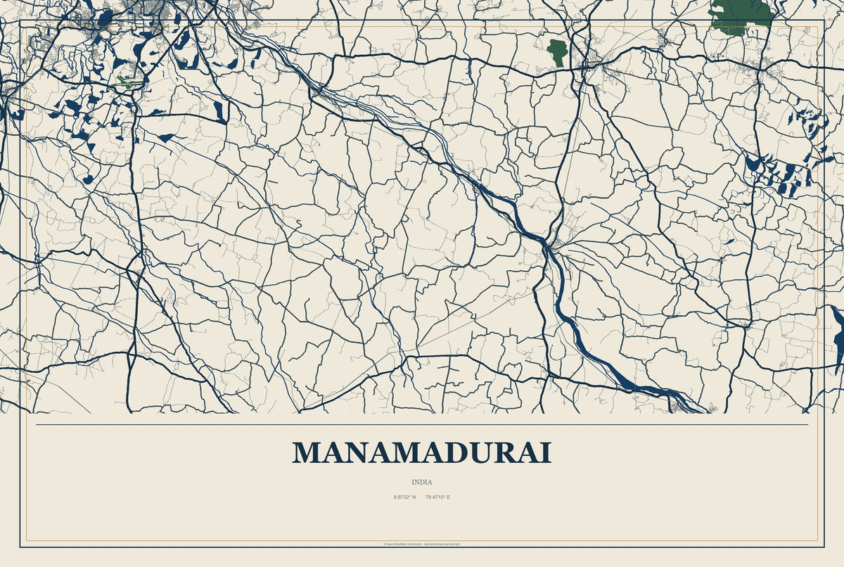 Manamadurai, India City Map Aluminum Sign in Coastal Cutout style