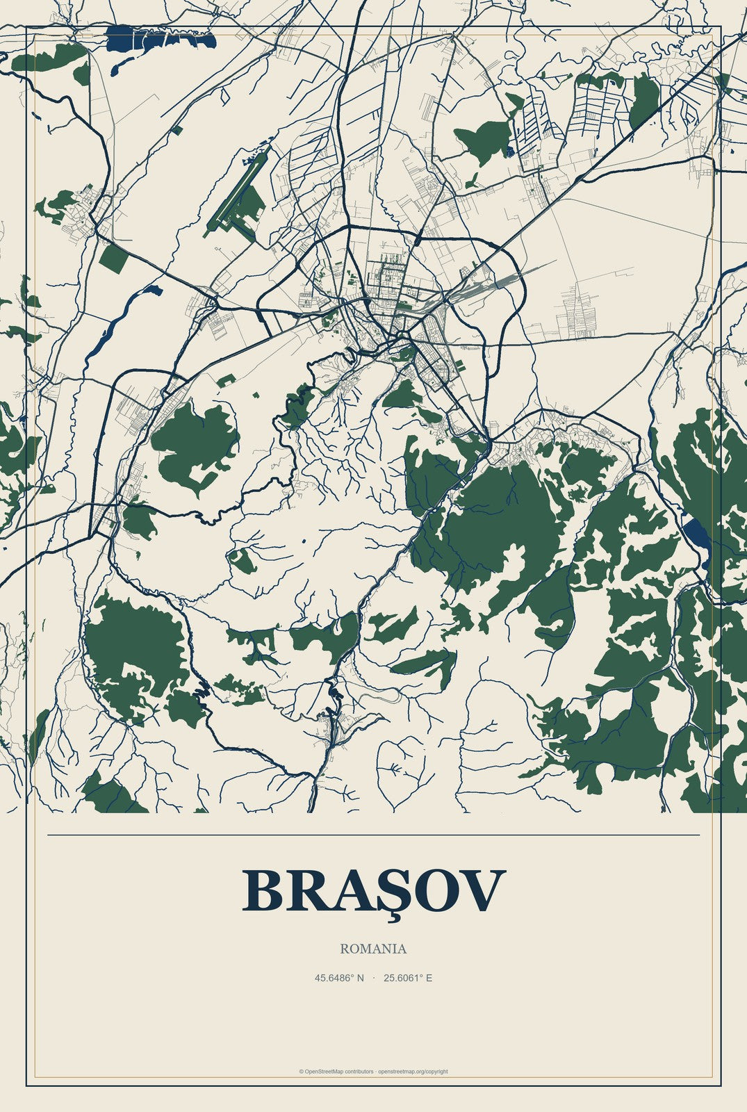 Braşov, Romania City Map Aluminum Sign in Coastal Cutout style